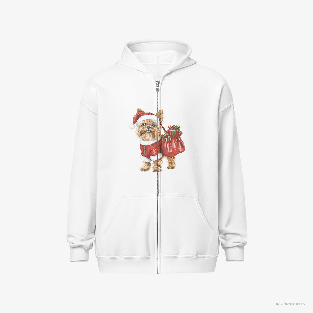 Yorkshire Terrier Hoodie – Women White Hoodie Full-Zip – Rocking a Santa Outfit (on White Background)