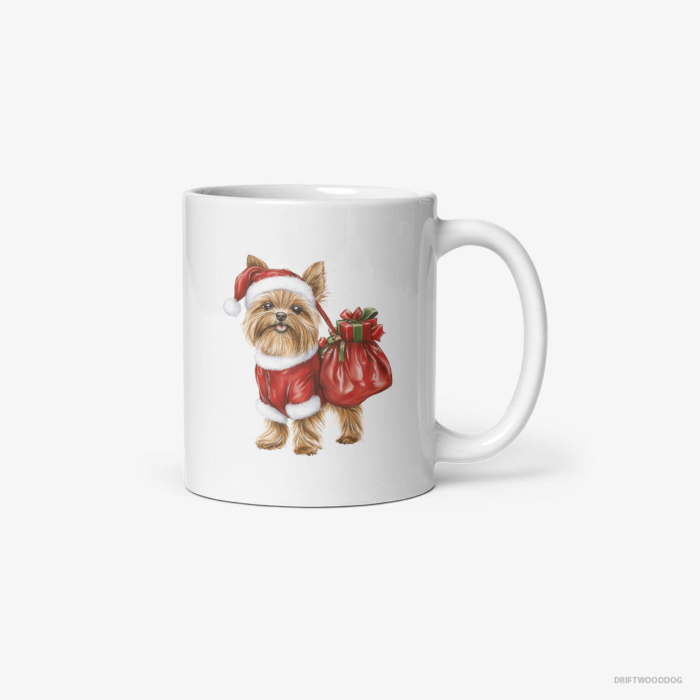 Yorkshire Terrier Mug – Unisex White Mug Classic – Rocking a Santa Outfit (on White Background)