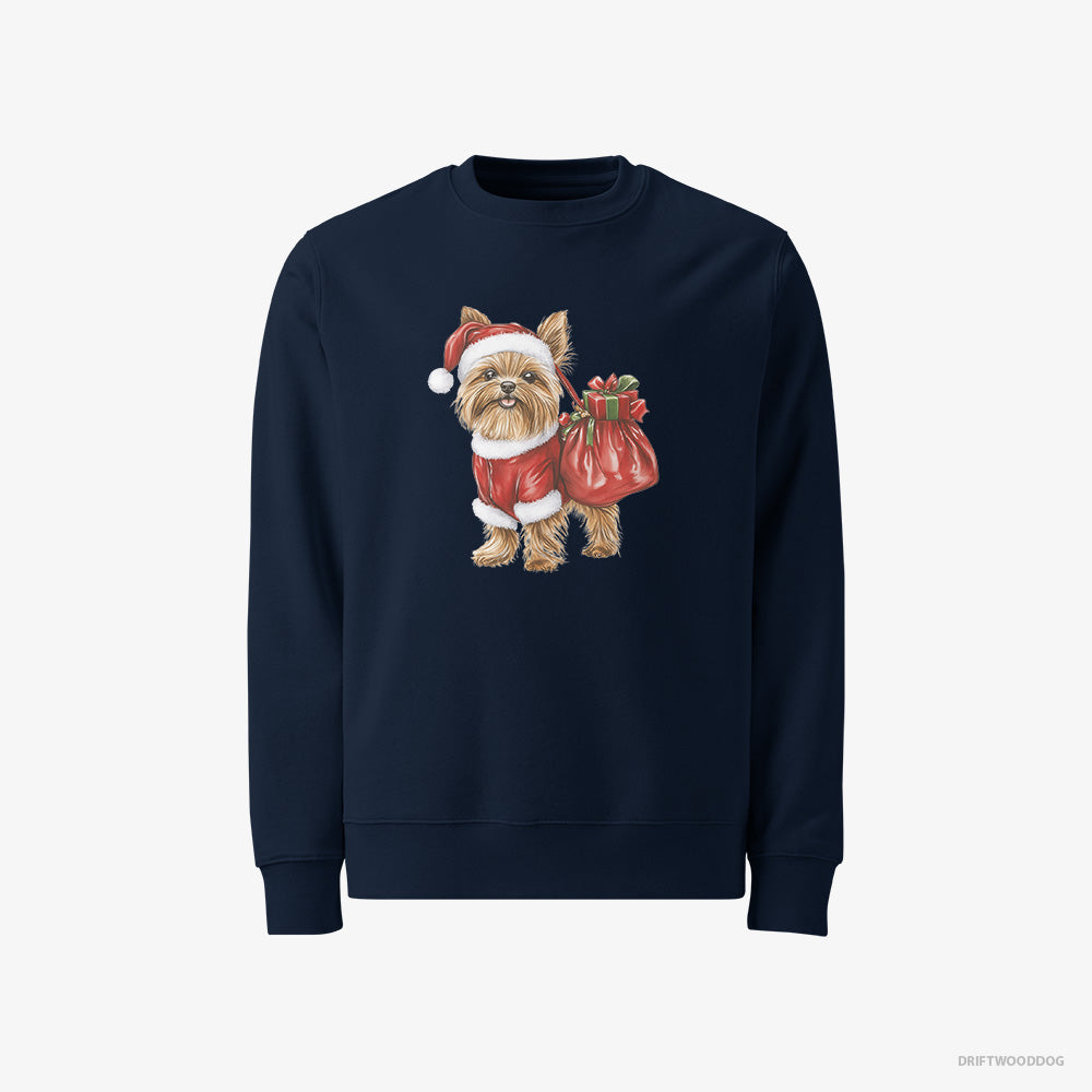 Yorkshire Terrier Sweatshirt – Women Navy Sweatshirt Classic – Rocking a Santa Outfit (on White Background)