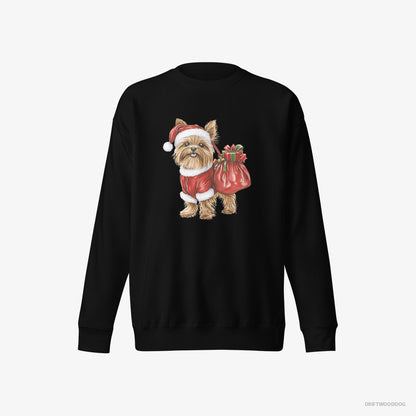 Yorkshire Terrier Sweatshirt – Women Black Sweatshirt Eco-Friendly – Rocking a Santa Outfit (on White Background)