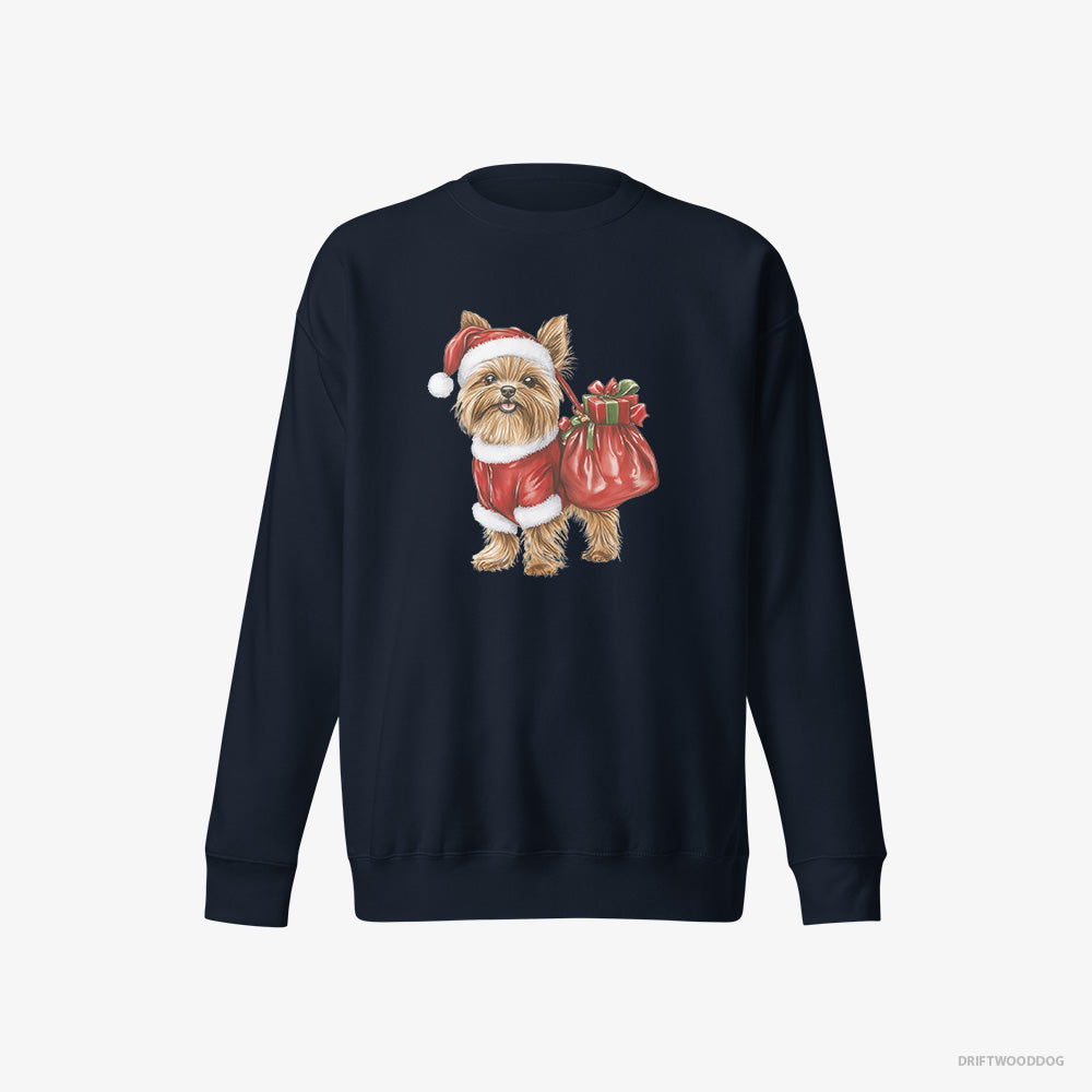 Yorkshire Terrier Sweatshirt – Men Navy Sweatshirt Eco-Friendly – Rocking a Santa Outfit (on White Background)