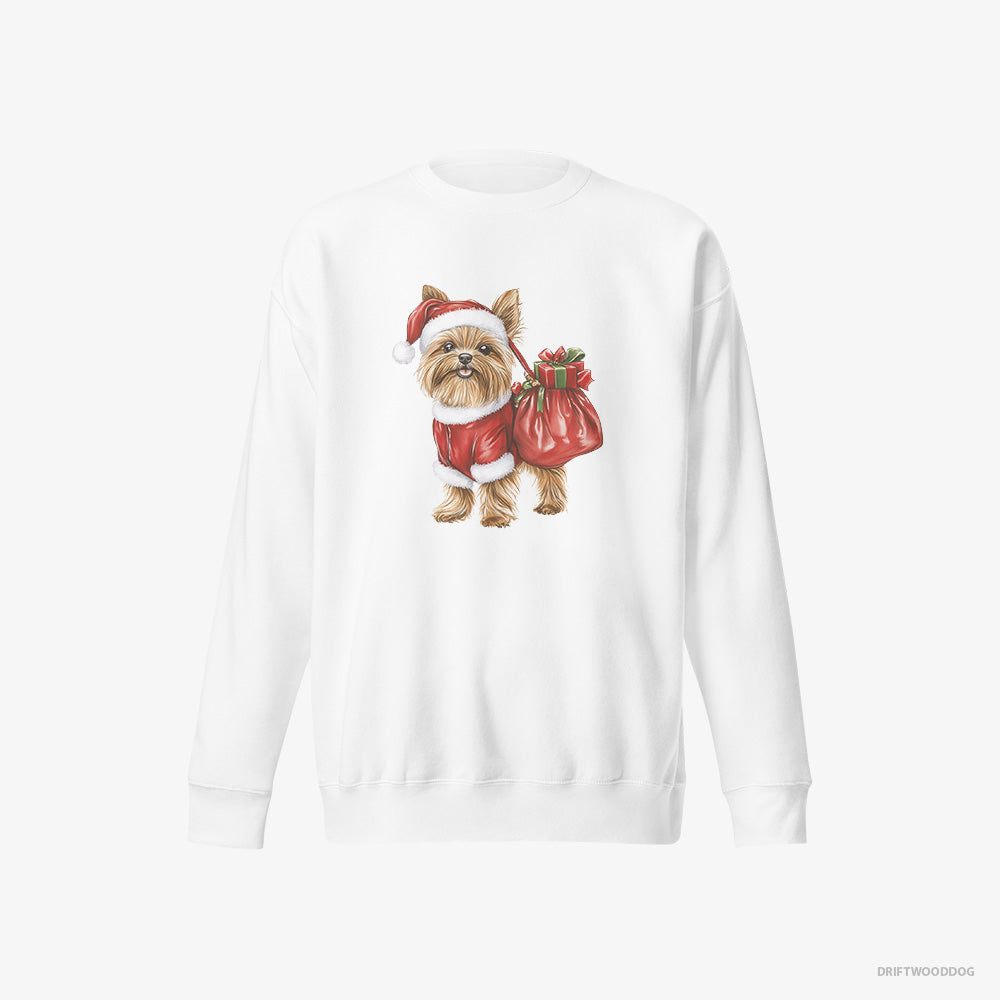 Yorkshire Terrier Sweatshirt – Men White Sweatshirt Eco-Friendly – Rocking a Santa Outfit (on White Background)