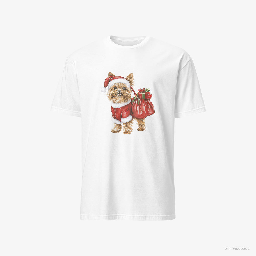 Yorkshire Terrier T-Shirt – Men White T-Shirt Classic – Rocking a Santa Outfit (on White Background)