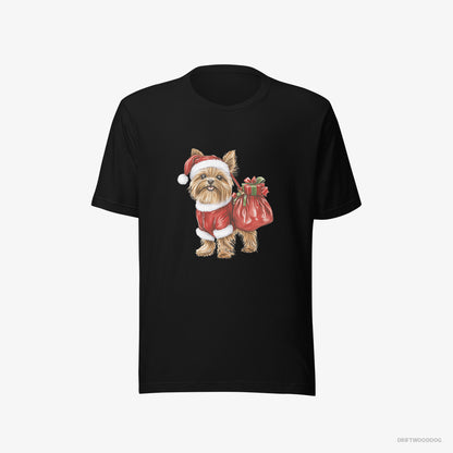 Yorkshire Terrier T-Shirt – Women Black T-Shirt Eco-Friendly – Rocking a Santa Outfit (on White Background)