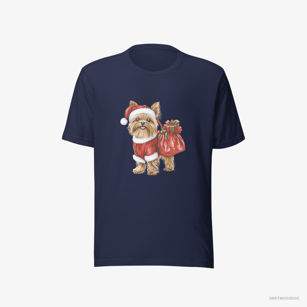 Yorkshire Terrier T-Shirt – Women Navy T-Shirt Eco-Friendly – Rocking a Santa Outfit (on White Background)