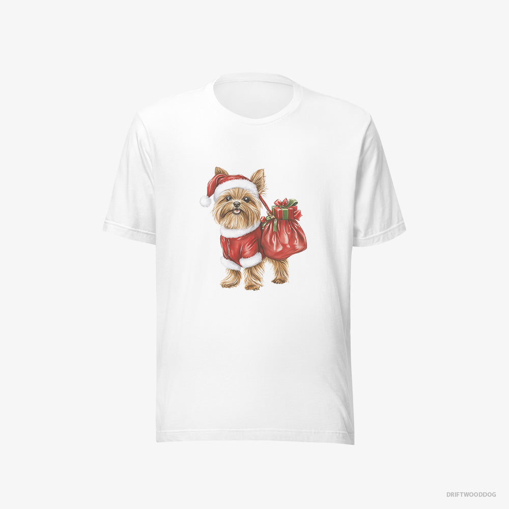 Yorkshire Terrier T-Shirt – Women White T-Shirt Eco-Friendly – Rocking a Santa Outfit (on White Background)