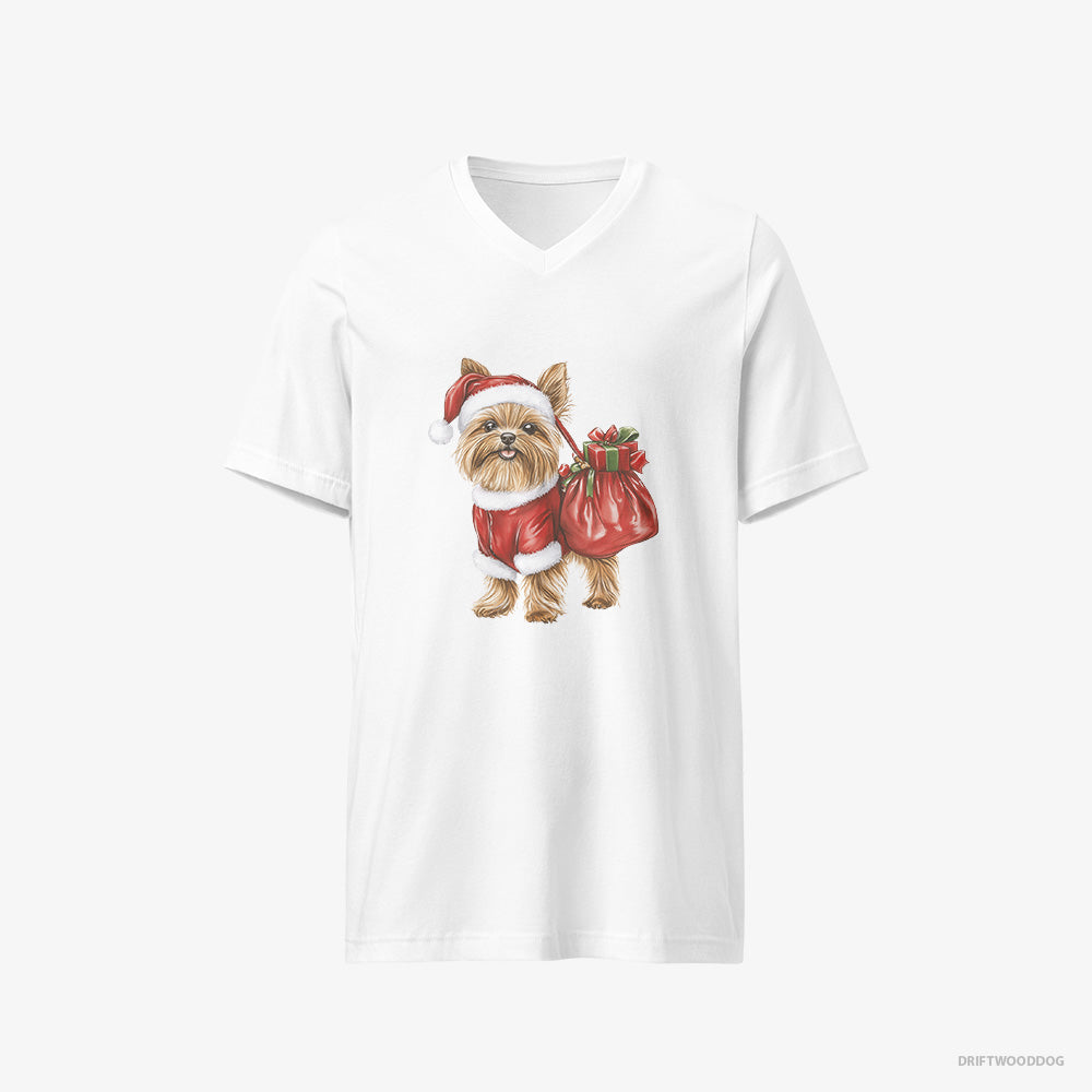 Yorkshire Terrier T-Shirt – Men White T-Shirt V-Neck – Rocking a Santa Outfit (on White Background)