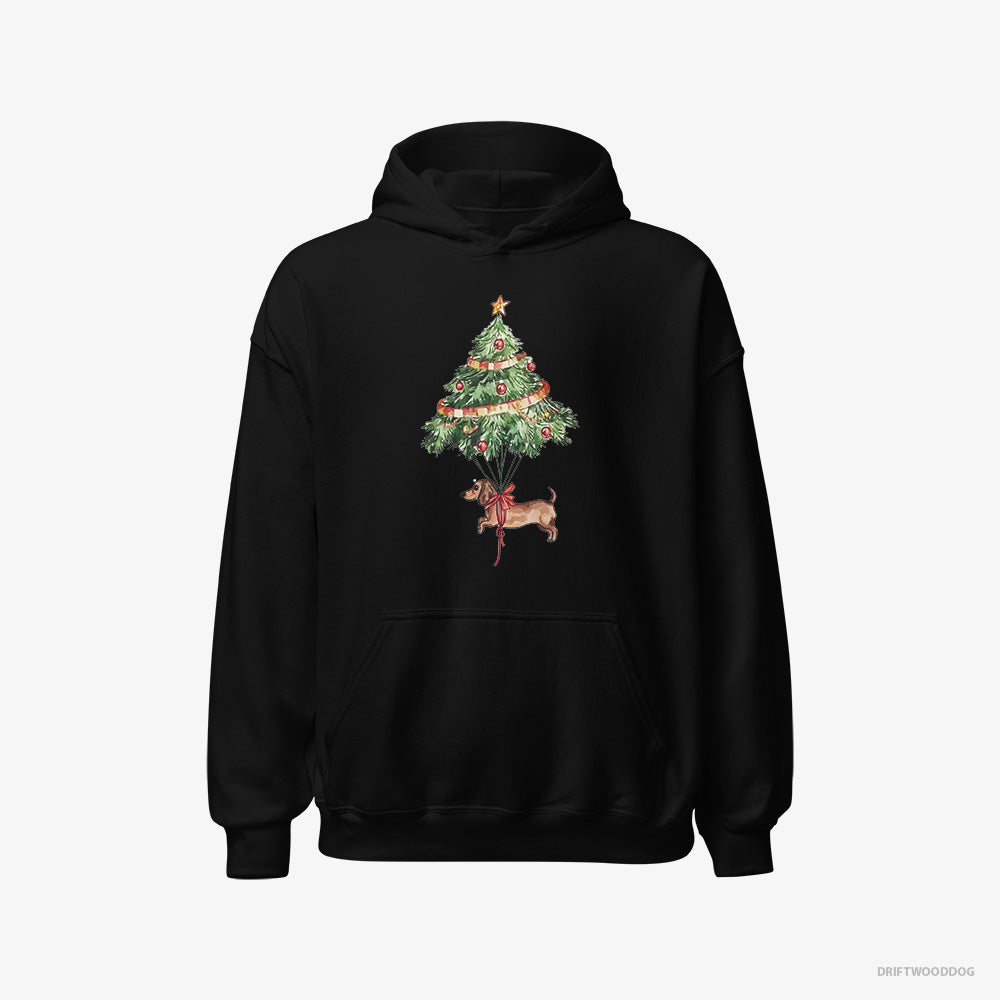 Dachshund Hoodie – Women Black Hoodie Classic – Tied to the Christmas Tree (on White Background)