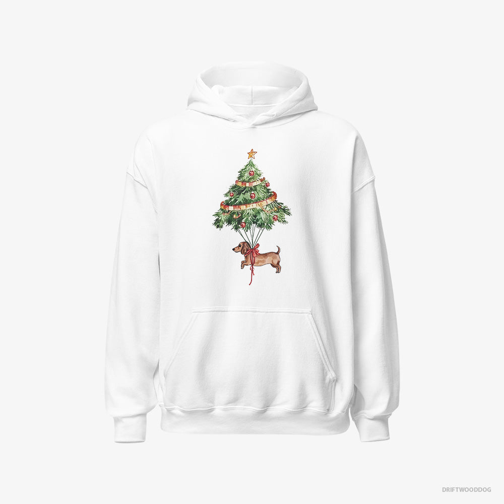 Dachshund Hoodie – Men White Hoodie Classic – Tied to the Christmas Tree (on White Background)