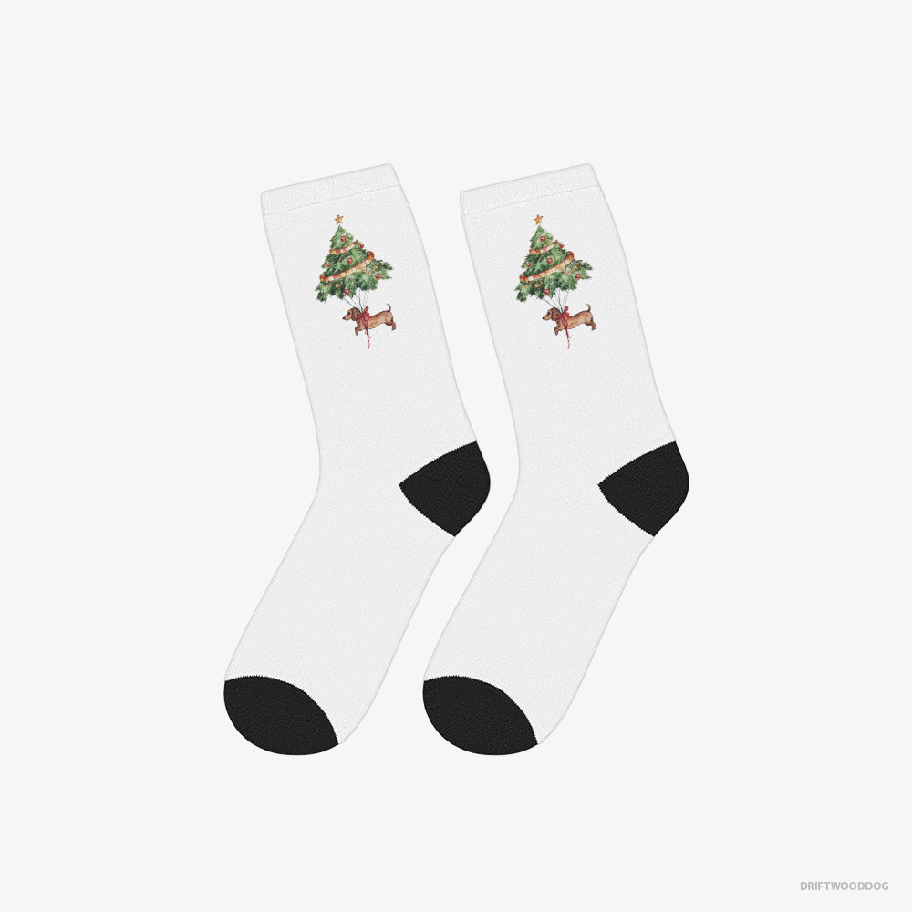 Dachshund Socks – Unisex White Socks Eco-Friendly – Tied to the Christmas Tree (on White Background)