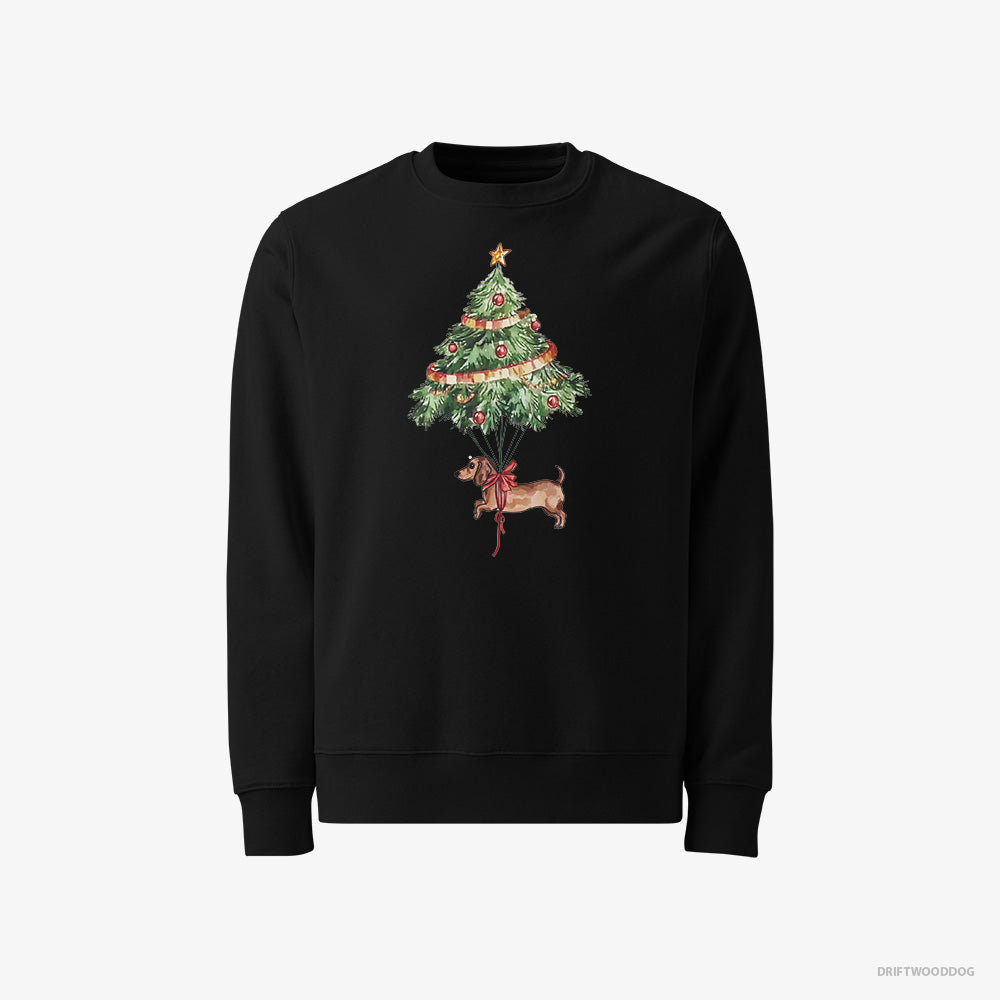 Dachshund Sweatshirt – Women Black Sweatshirt Classic – Tied to the Christmas Tree (on White Background)