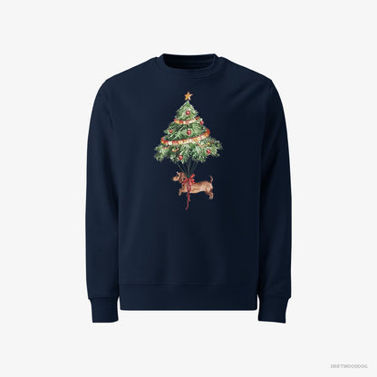 Dachshund Sweatshirt – Men Navy Sweatshirt Classic – Tied to the Christmas Tree (on White Background)