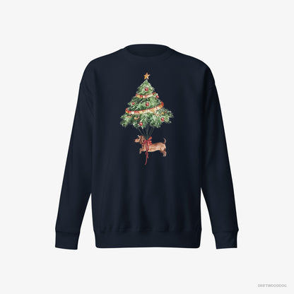 Dachshund Sweatshirt – Women Navy Sweatshirt Eco-Friendly – Tied to the Christmas Tree (on White Background)