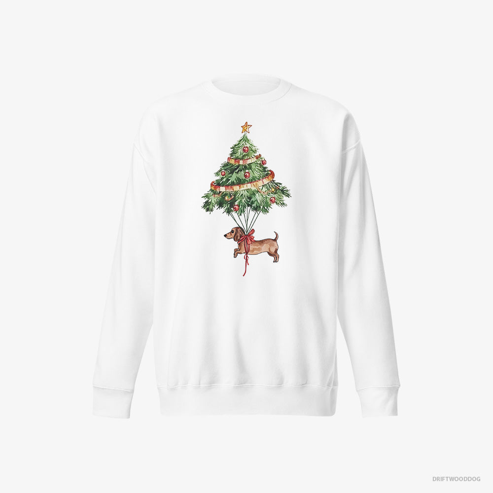 Dachshund Sweatshirt – Women White Sweatshirt Eco-Friendly – Tied to the Christmas Tree (on White Background)