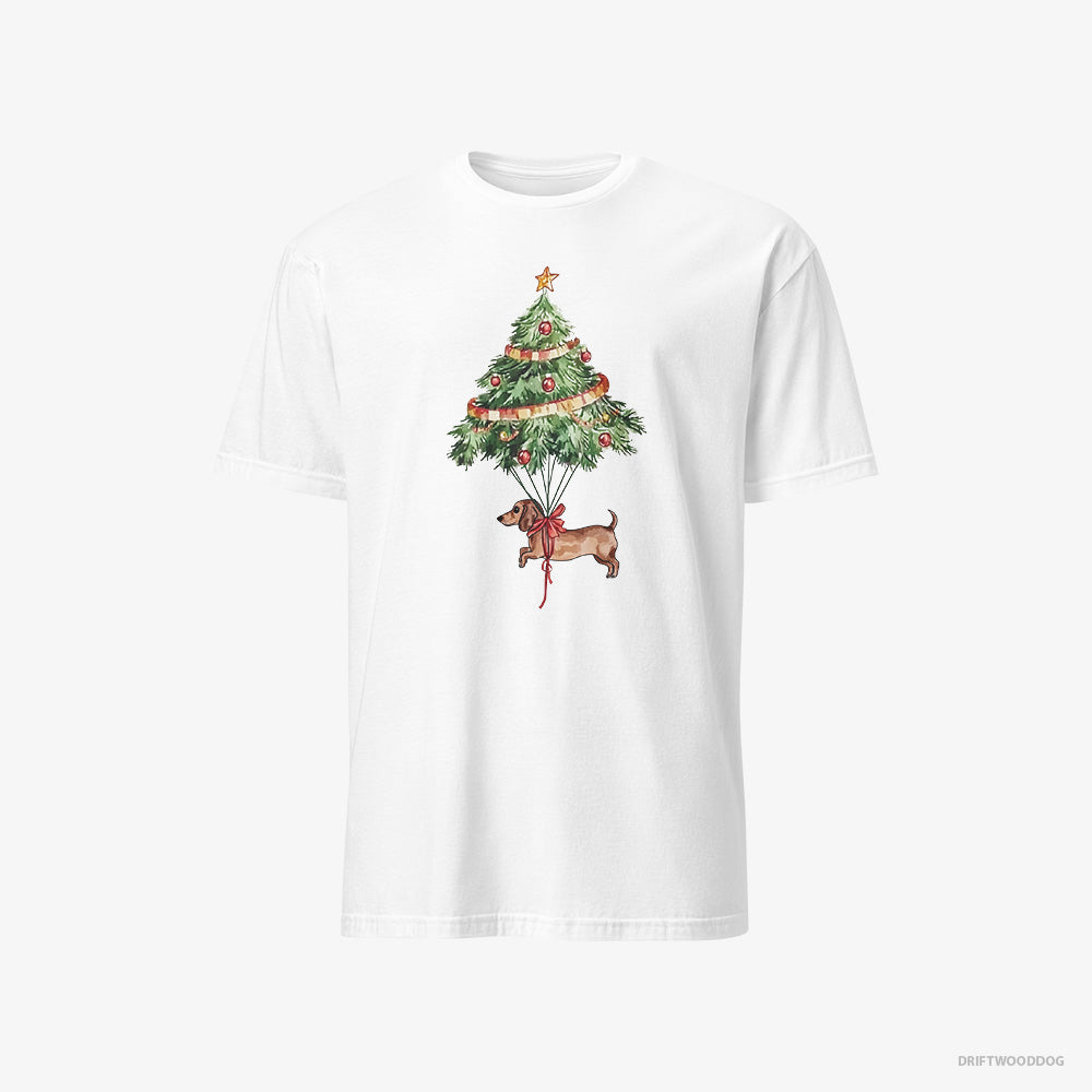 Dachshund T-Shirt – Men White T-Shirt Classic – Tied to the Christmas Tree (on White Background)