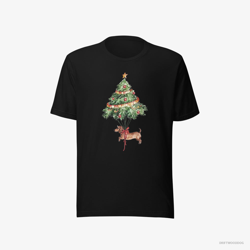 Dachshund T-Shirt – Men Black T-Shirt Eco-Friendly – Tied to the Christmas Tree (on White Background)