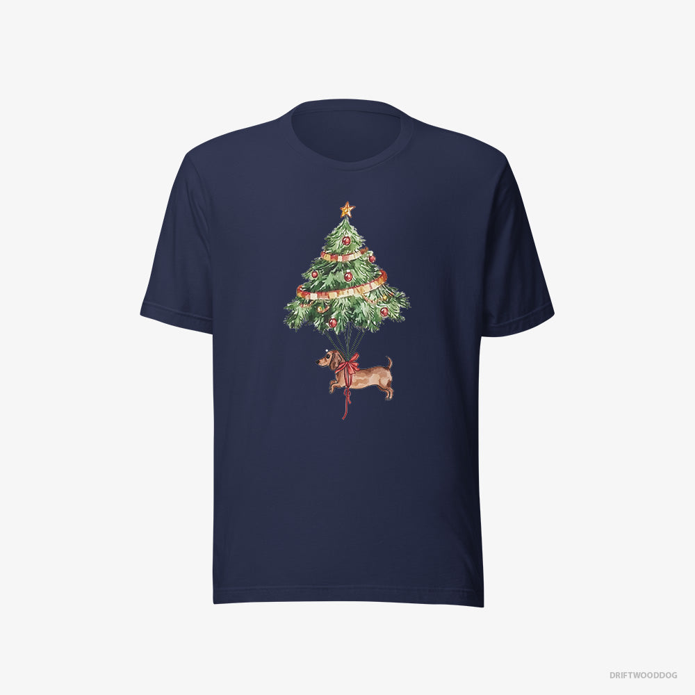 Dachshund T-Shirt – Men Navy T-Shirt Eco-Friendly – Tied to the Christmas Tree (on White Background)