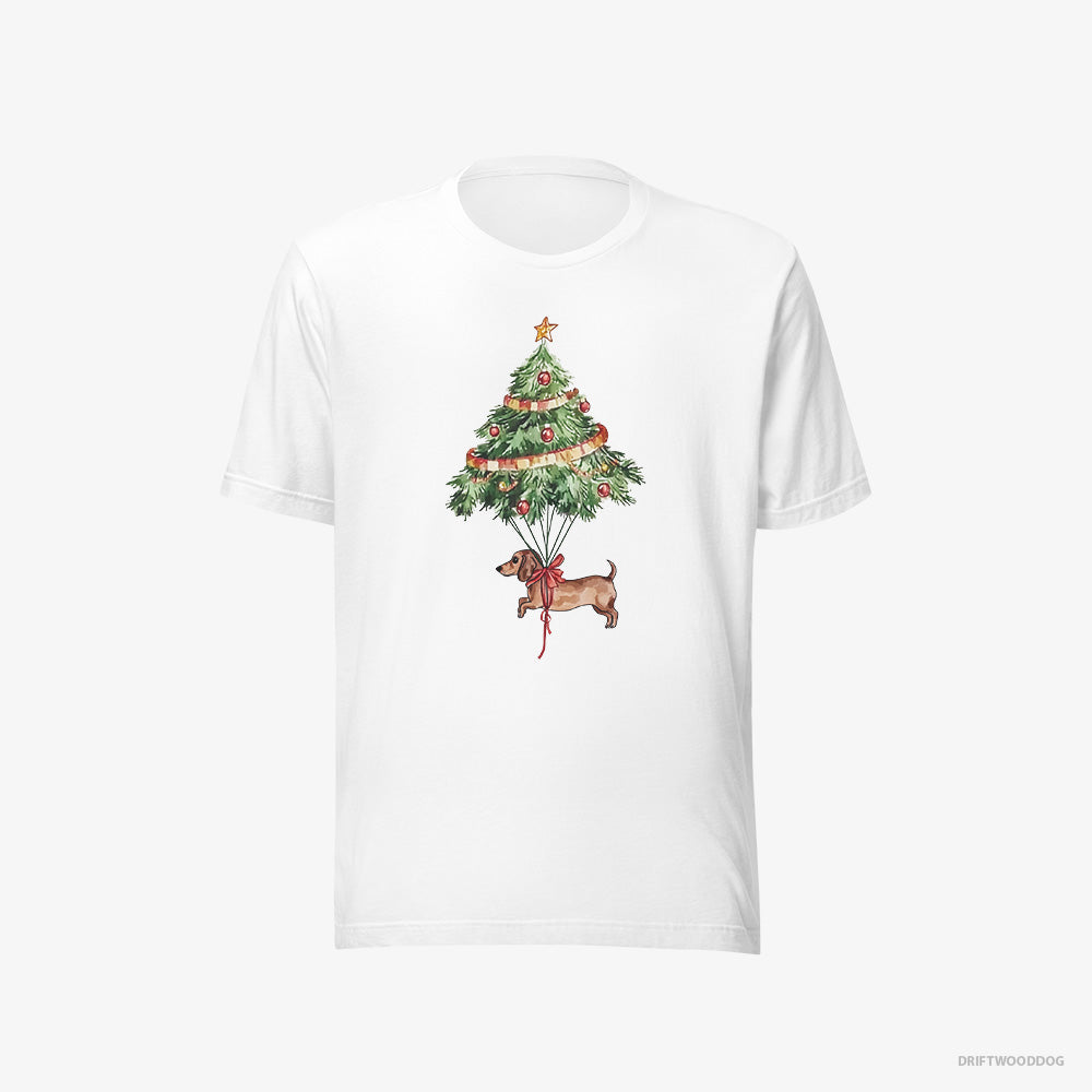 Dachshund T-Shirt – Men White T-Shirt Eco-Friendly – Tied to the Christmas Tree (on White Background)