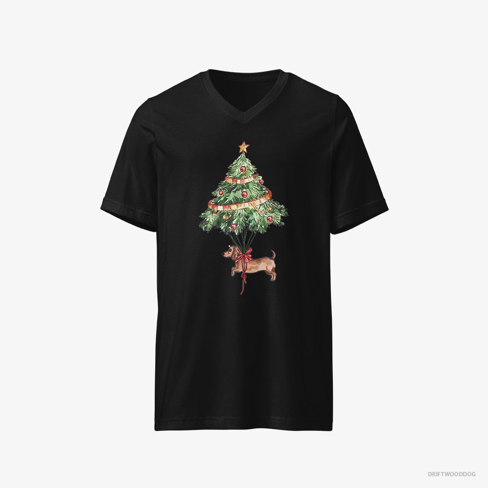 Dachshund T-Shirt – Men Black T-Shirt V-Neck – Tied to the Christmas Tree (on White Background)