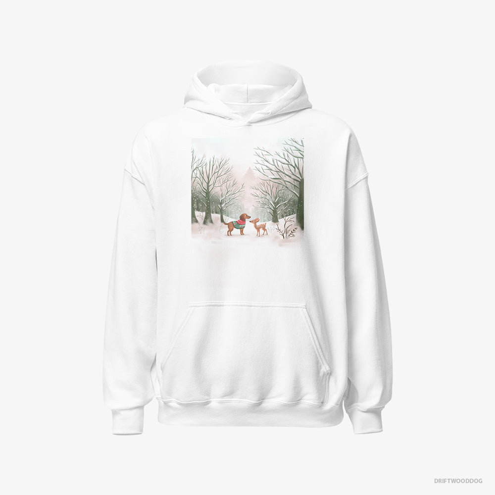 Dachshund Hoodie – Men White Hoodie Classic – and a Fawn in the Winter Forest (on White Background)