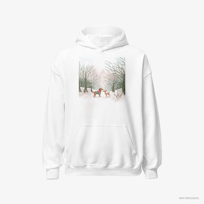 Dachshund Hoodie – Men White Hoodie Classic – and a Fawn in the Winter Forest (on White Background)