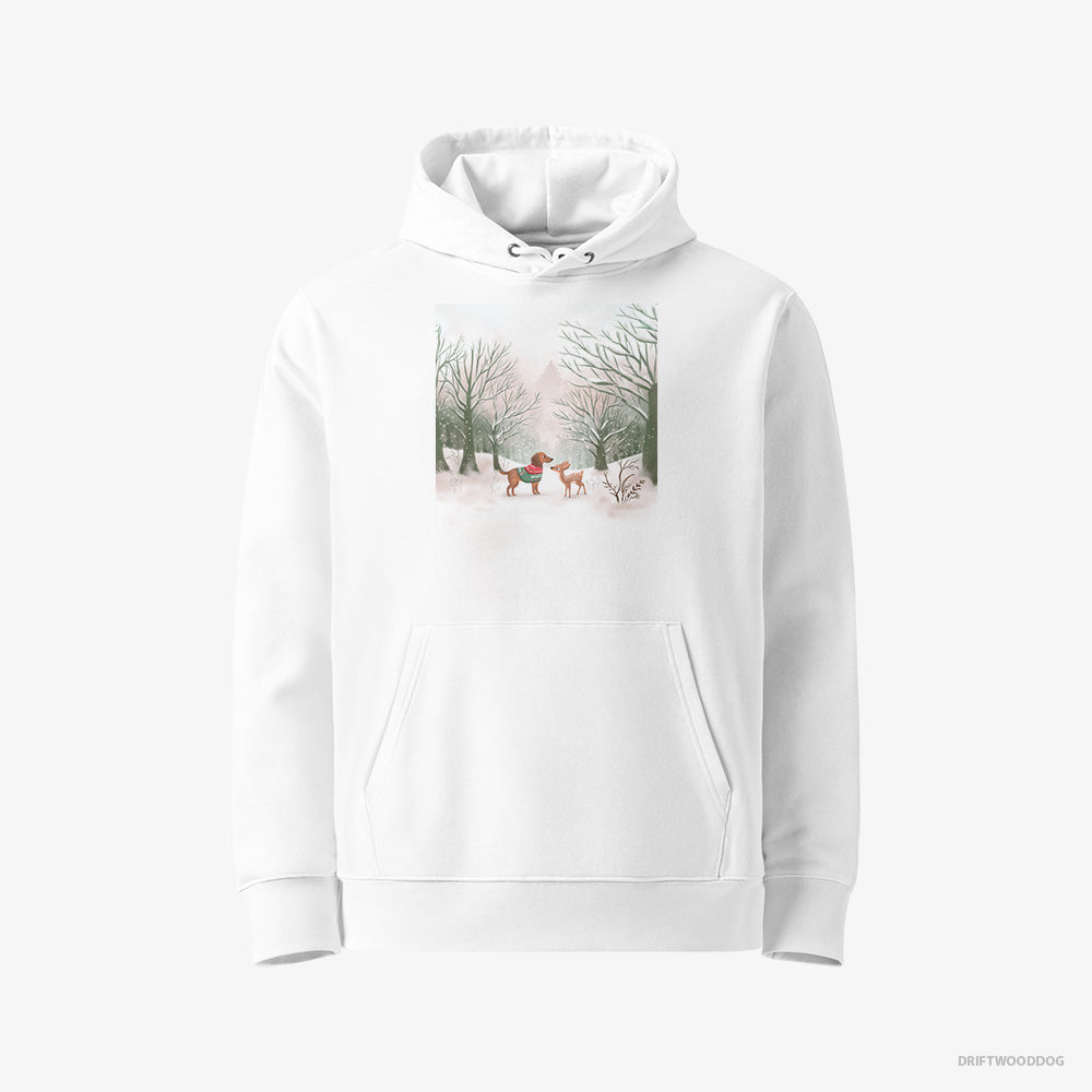 Dachshund Hoodie – Women White Hoodie Eco-Friendly – and a Fawn in the Winter Forest (on White Background)