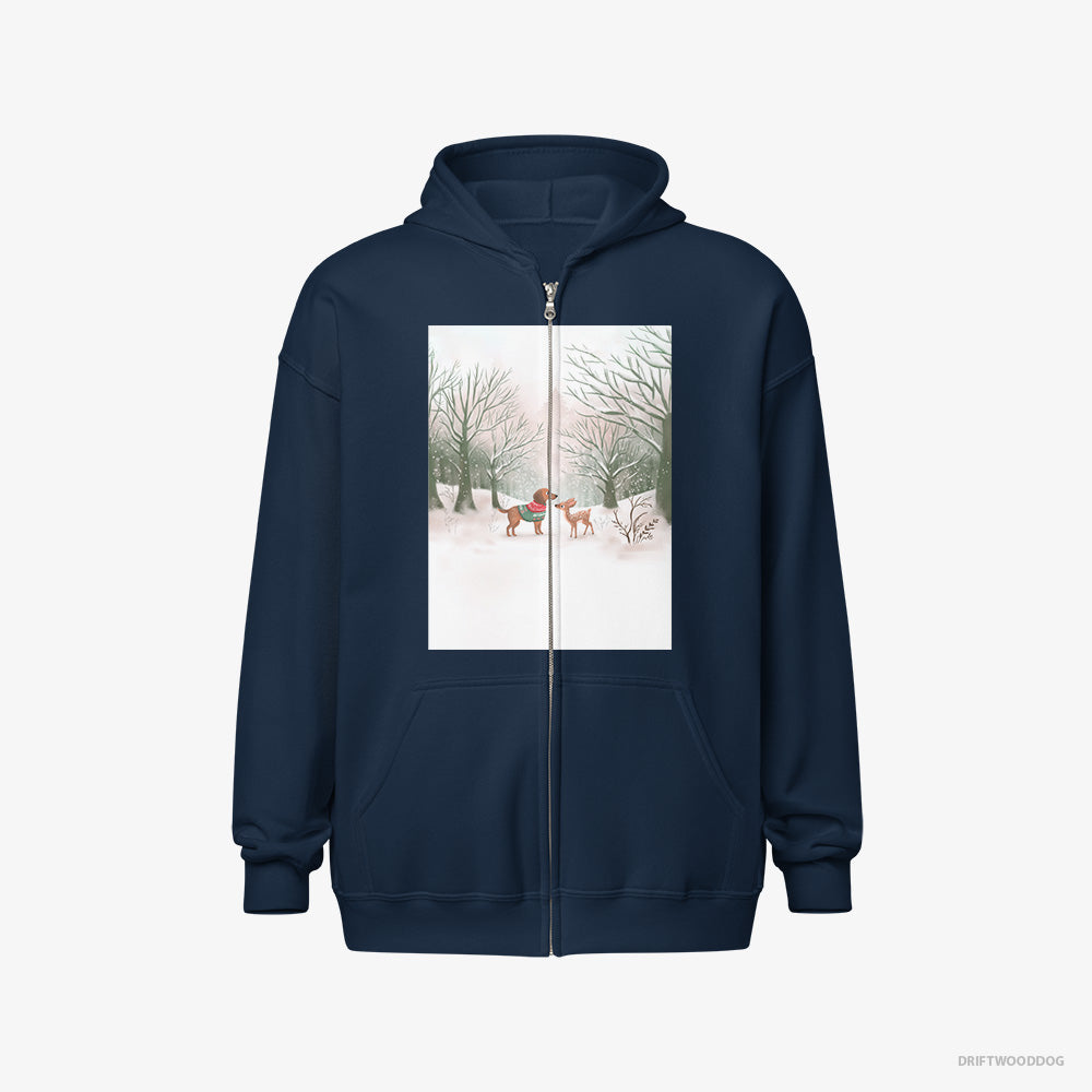 Dachshund Hoodie – Men Navy Hoodie Full-Zip – and a Fawn in the Winter Forest (on White Background)