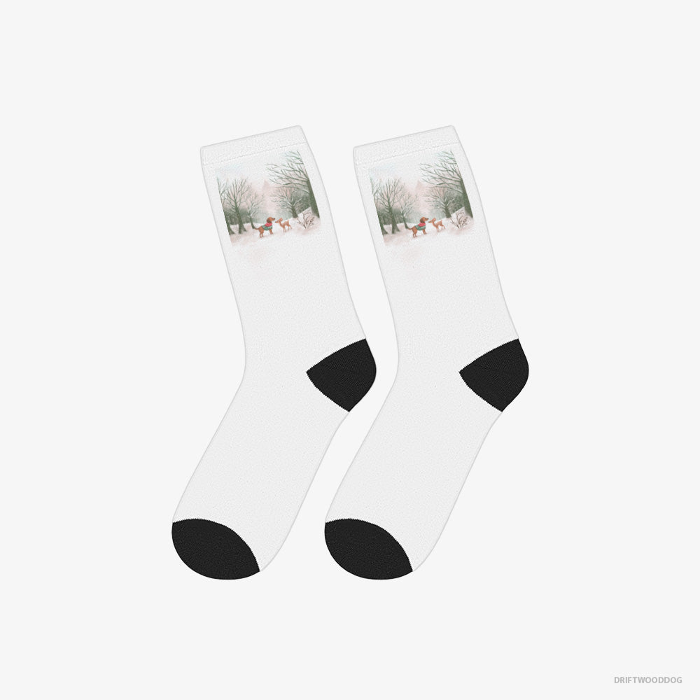 Dachshund Socks – Unisex White Socks Classic – and a Fawn in the Winter Forest (on White Background)