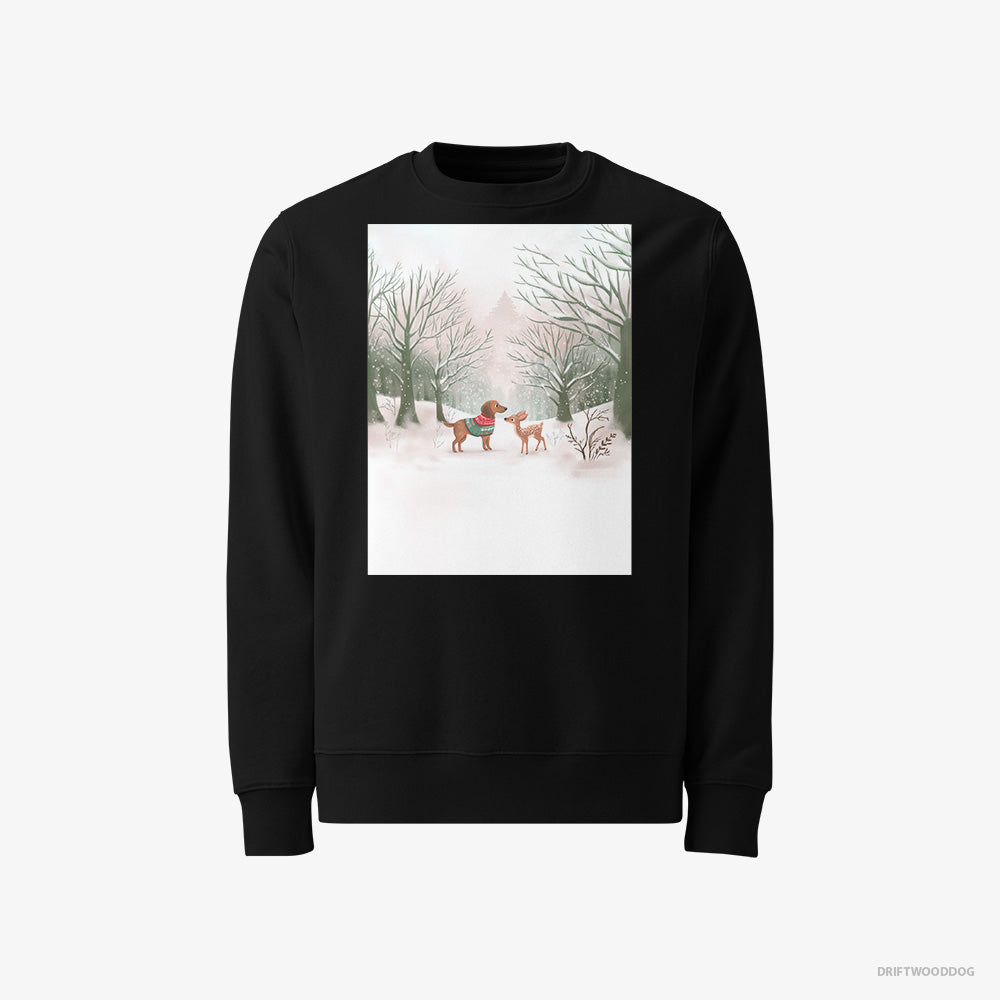 Dachshund Sweatshirt – Men Black Sweatshirt Classic – and a Fawn in the Winter Forest (on White Background)