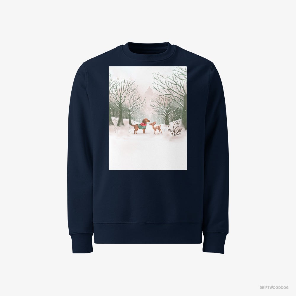 Dachshund Sweatshirt – Men Navy Sweatshirt Classic – and a Fawn in the Winter Forest (on White Background)