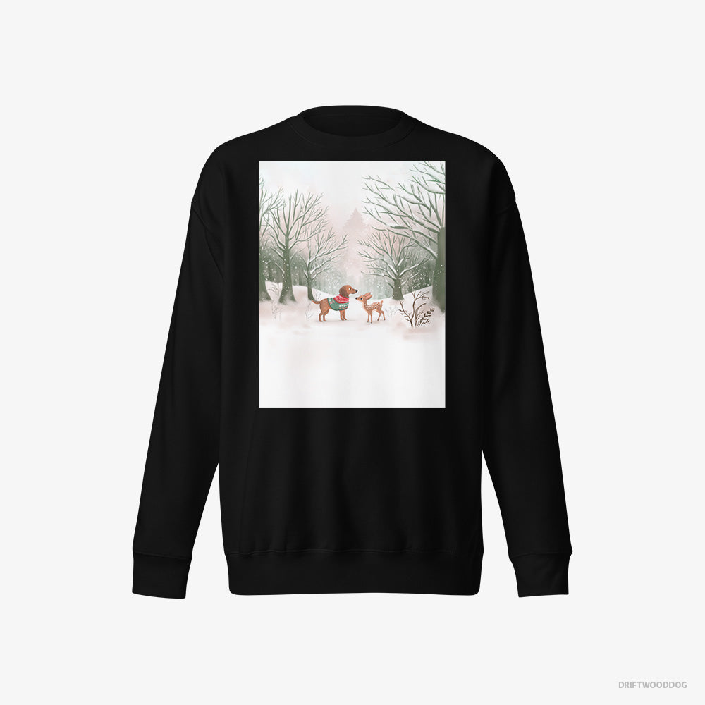 Dachshund Sweatshirt – Women Black Sweatshirt Eco-Friendly – and a Fawn in the Winter Forest (on White Background)