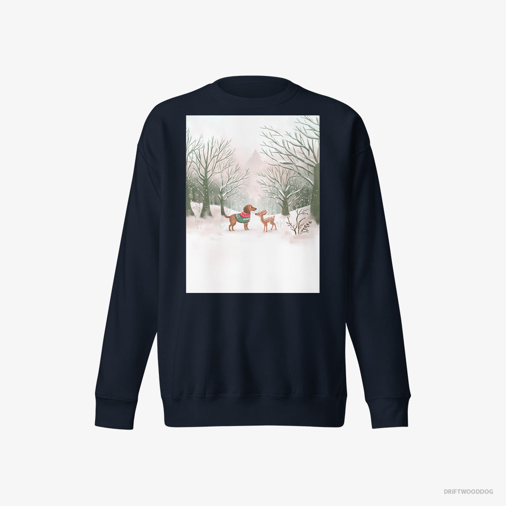 Dachshund Sweatshirt – Men Navy Sweatshirt Eco-Friendly – and a Fawn in the Winter Forest (on White Background)