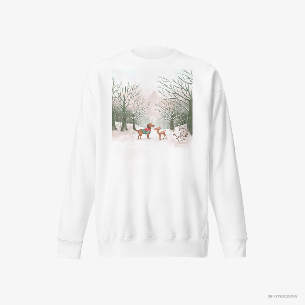 Dachshund Sweatshirt – Men White Sweatshirt Eco-Friendly – and a Fawn in the Winter Forest (on White Background)