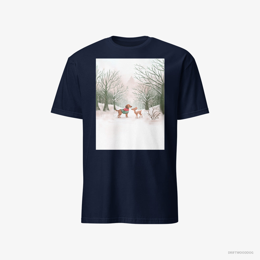 Dachshund T-Shirt – Men Navy T-Shirt Classic – and a Fawn in the Winter Forest (on White Background)