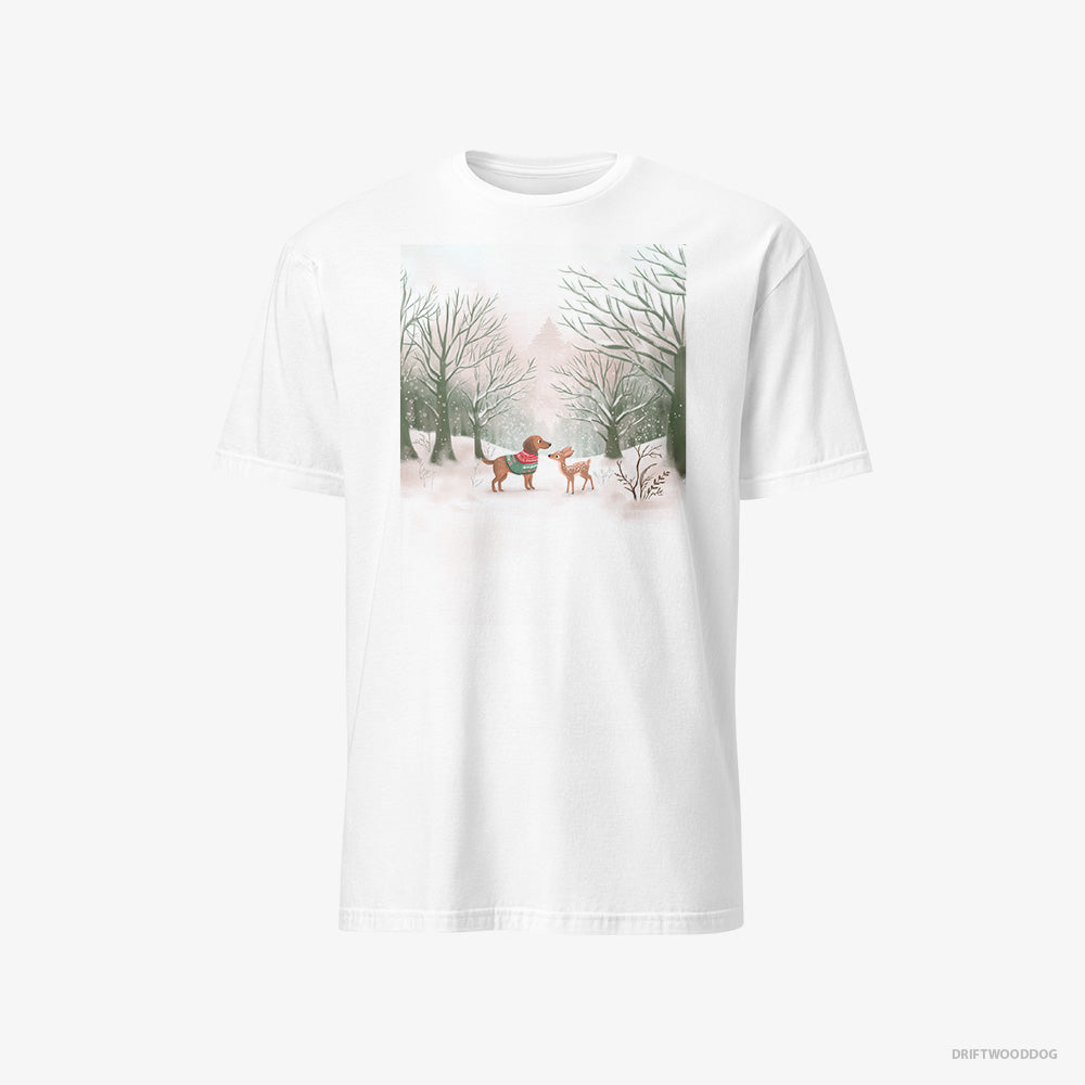 Dachshund T-Shirt – Men White T-Shirt Classic – and a Fawn in the Winter Forest (on White Background)