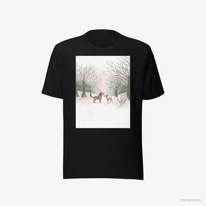 Dachshund and a Fawn in the Winter Forest Black T-Shirt