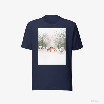 Dachshund T-Shirt – Women Navy T-Shirt Eco-Friendly – and a Fawn in the Winter Forest (on White Background)