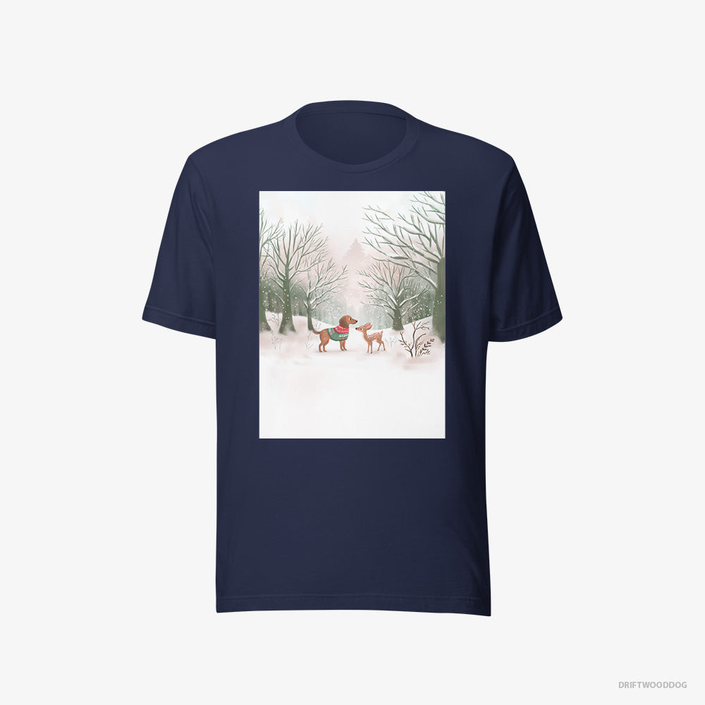 Small Dachshund and a Fawn in the Winter Forest – Women's T-Shirt Navy Eco – Eco-Friendly