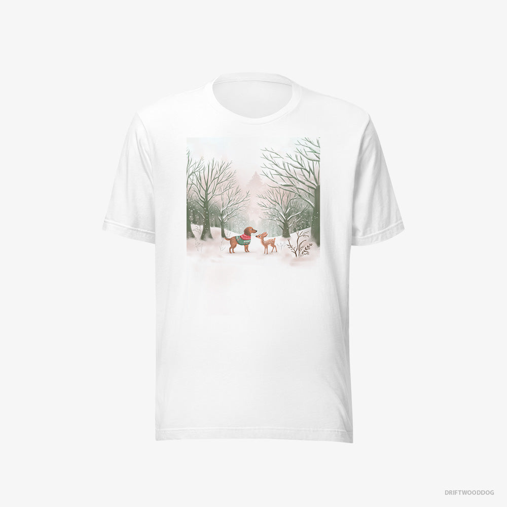 Dachshund T-Shirt – Women White T-Shirt Eco-Friendly – and a Fawn in the Winter Forest (on White Background)