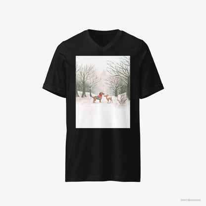 Dachshund T-Shirt – Men Black T-Shirt V-Neck – and a Fawn in the Winter Forest (on White Background)