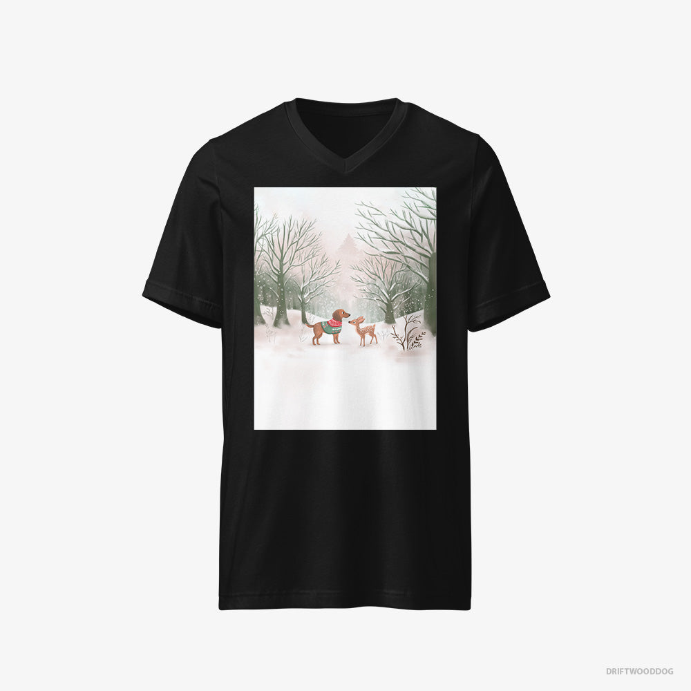 Small Dachshund and a Fawn in the Winter Forest – Men's T-Shirt Black V-Neck – V-Neck