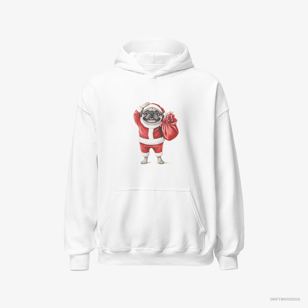 Pug Hoodie – Men White Hoodie Classic – in a Santa Suit (on White Background)