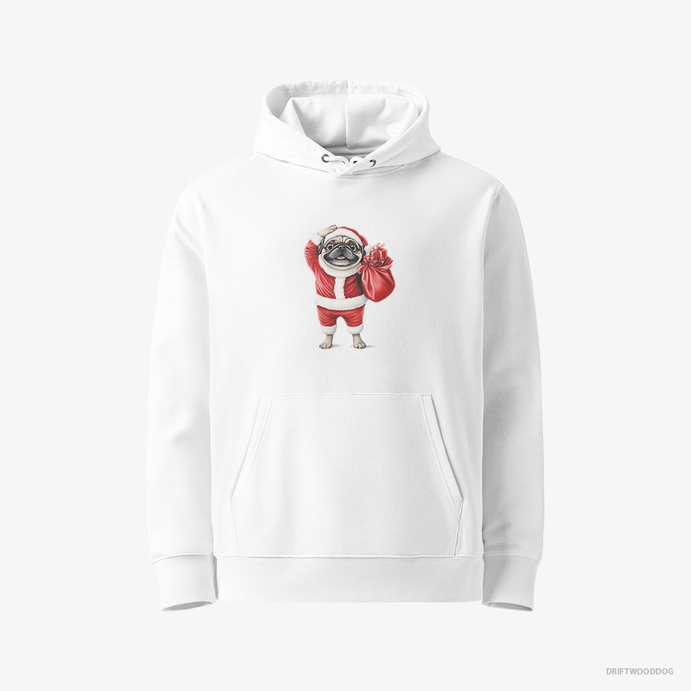 Pug Hoodie – Women White Hoodie Eco-Friendly – in a Santa Suit (on White Background)