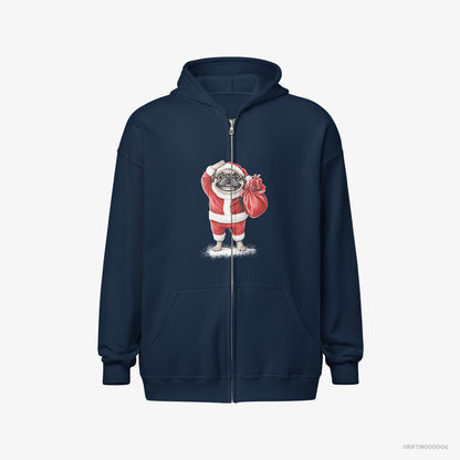 Pug Hoodie – Men Navy Hoodie Full-Zip – in a Santa Suit (on White Background)