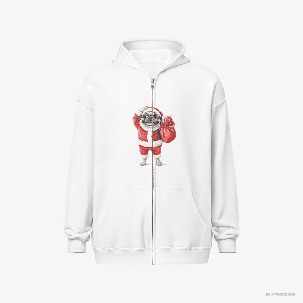 Pug Hoodie – Men White Hoodie Full-Zip – in a Santa Suit (on White Background)