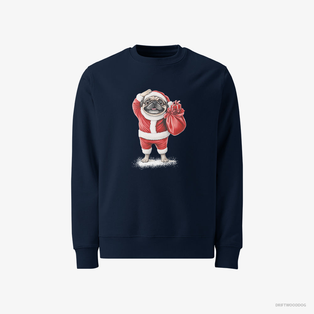 Pug Sweatshirt – Men Navy Sweatshirt Classic – in a Santa Suit (on White Background)