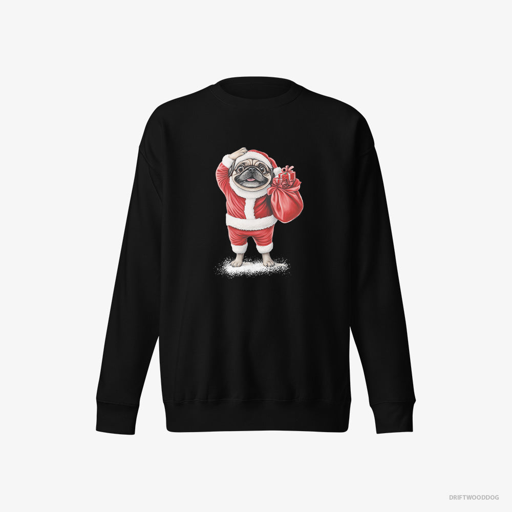 Pug Sweatshirt – Men Black Sweatshirt Eco-Friendly – in a Santa Suit (on White Background)