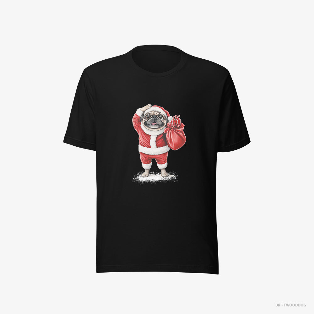 Pug T-Shirt – Women Black T-Shirt Eco-Friendly – in a Santa Suit (on White Background)