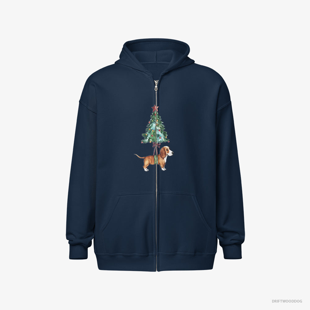 Basset Hound Hoodie – Men Navy Hoodie Full-Zip – as a Cute Christmas Tree Decoration (on White Background)