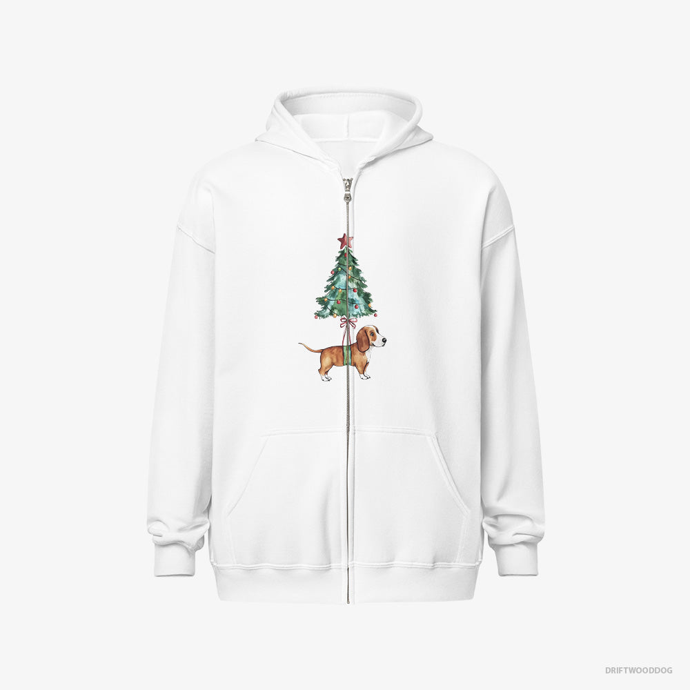 Basset Hound Hoodie – Men White Hoodie Full-Zip – as a Cute Christmas Tree Decoration (on White Background)